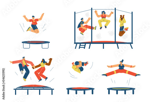 Set of happy people jumping on trampoline flat style photo