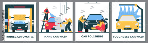 Set of posters or vertical banners about car washing service flat style