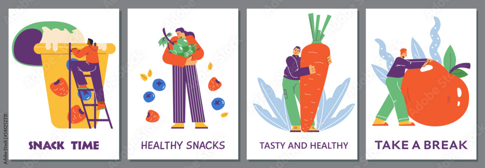 Healthy snacks posters set, flat vector illustration.