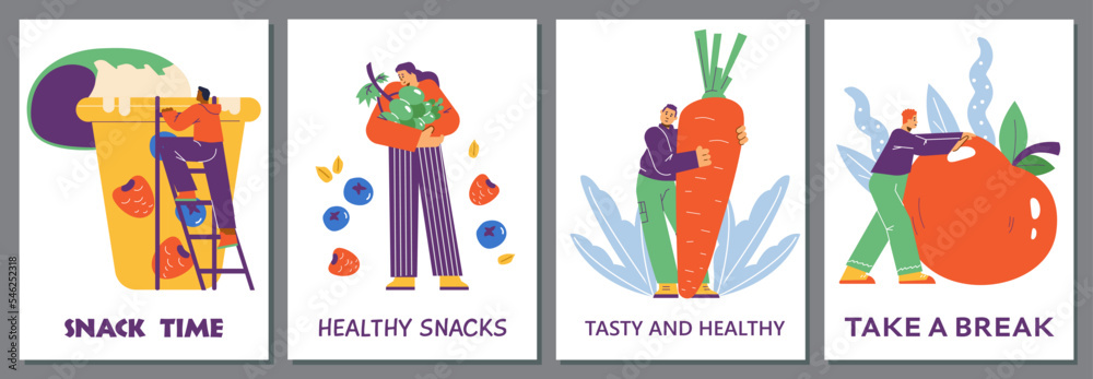 Fototapeta premium Healthy snacks posters set, flat vector illustration.
