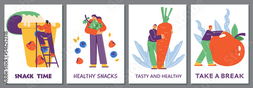 Healthy snacks posters set, flat vector illustration.