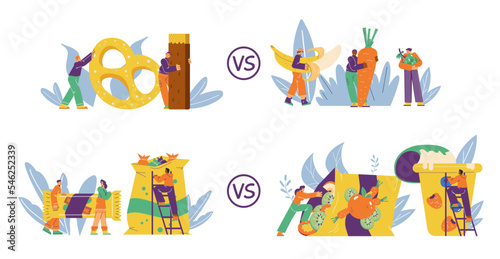 Set of characters with healthy and unhealthy snacks, flat vector illustration isolated on white background.