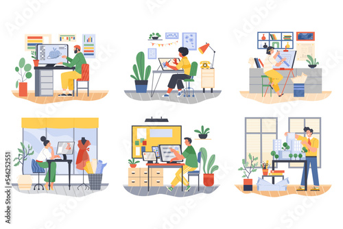People working as graphic designer, architect, digital illustrator and seamstress, flat vector illustration on white.