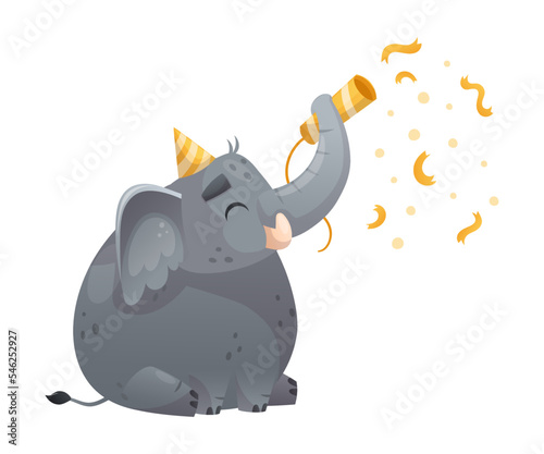 Grey Elephant with Trunk in Birthday Hat with Party Popper Vector Illustration