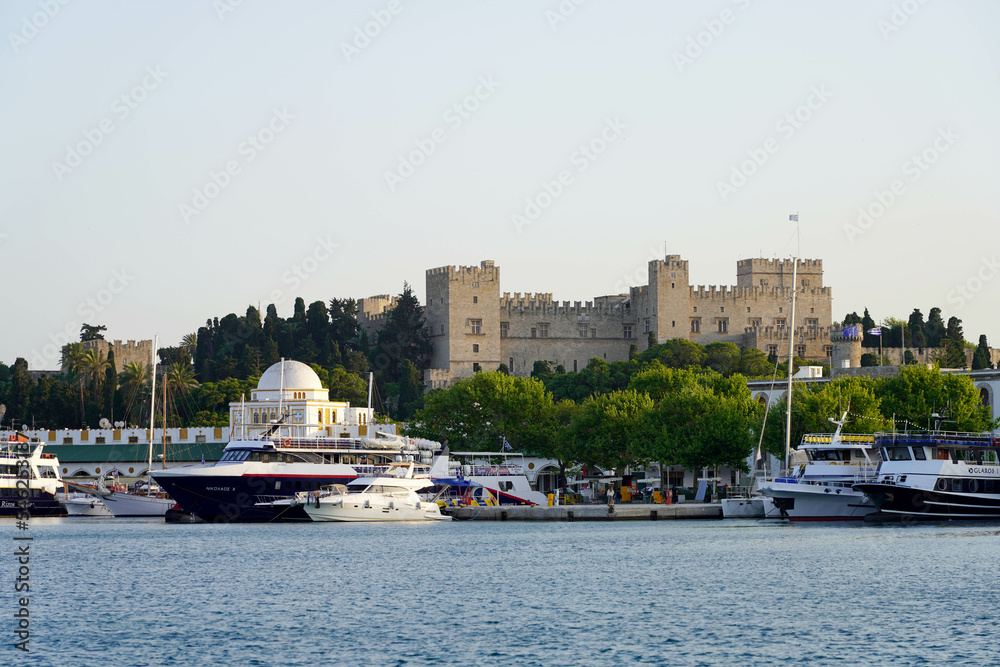 Marina and port of Rhodes with Palace of the Grand Master of the Knights of Rhodes, Greece