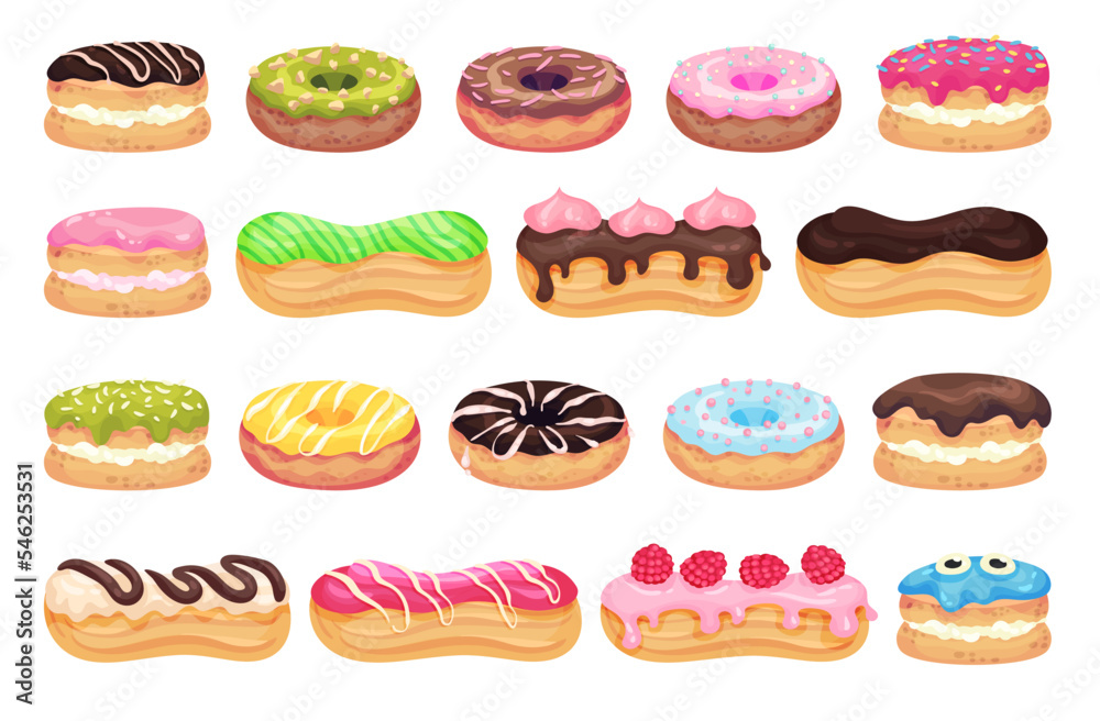 Donuts and Eclair as Choux Dough Pastry with Cream Filling and Sugar Glaze Big Vector Set - obrazy, fototapety, plakaty 