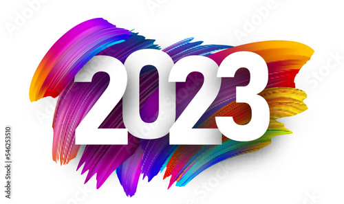 White paper 2023 sign on colorful gradient brush strokes background.