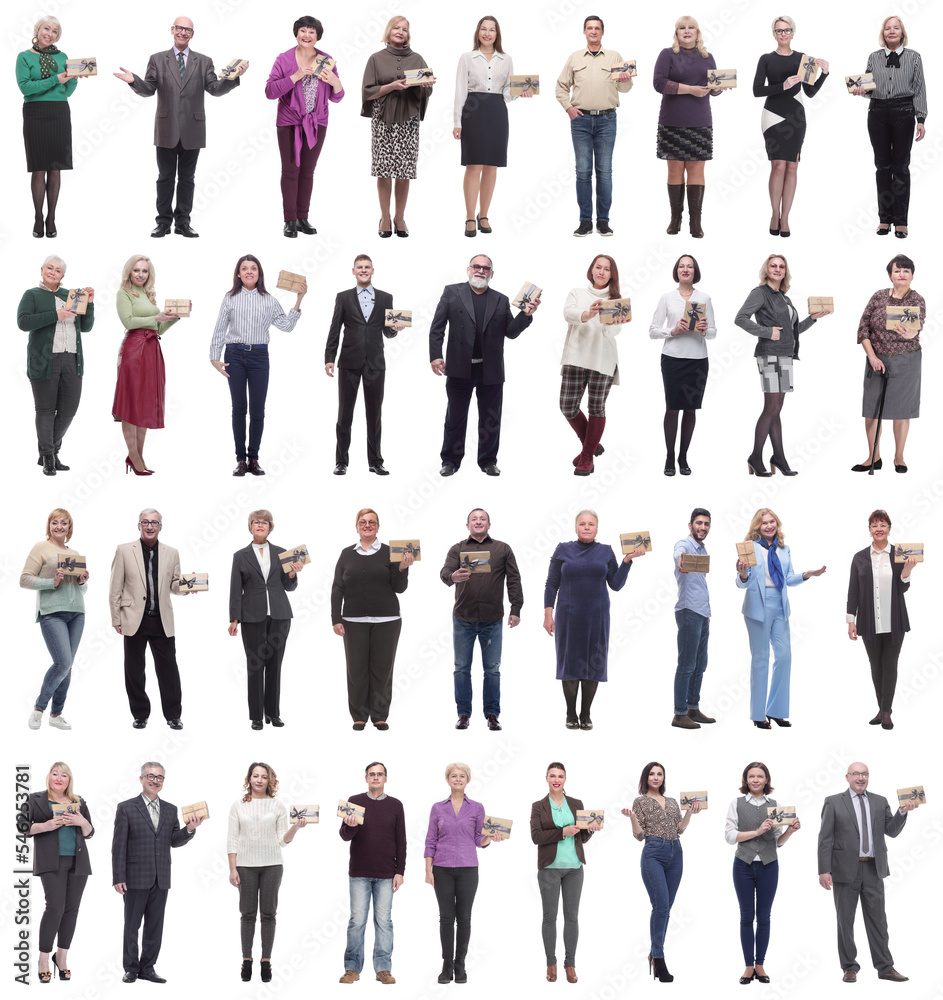 group of happy people with gifts in their hands isolated