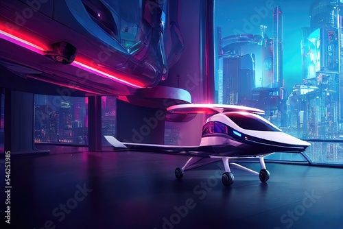 Urban air mobility, air taxi, UAM, Passenger Autonomous Aerial Vehicle AAV in futuristic city
 photo