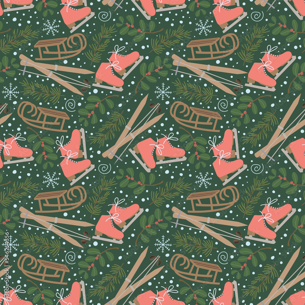 Seamless winter activity pattern, Cartoon outdoors activity flat illustration, Ice skating, Skiing, Snow sled, Winter games background, New year and Christmas background, Activity accessories print