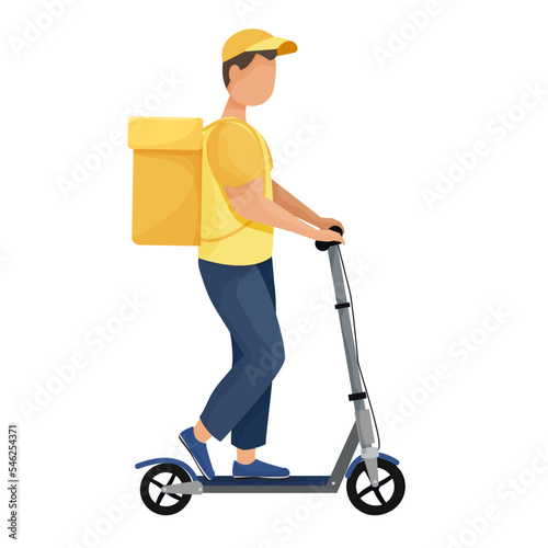 Courier, delivery man with bag on electric scouter in cartoon style isolated on white background.