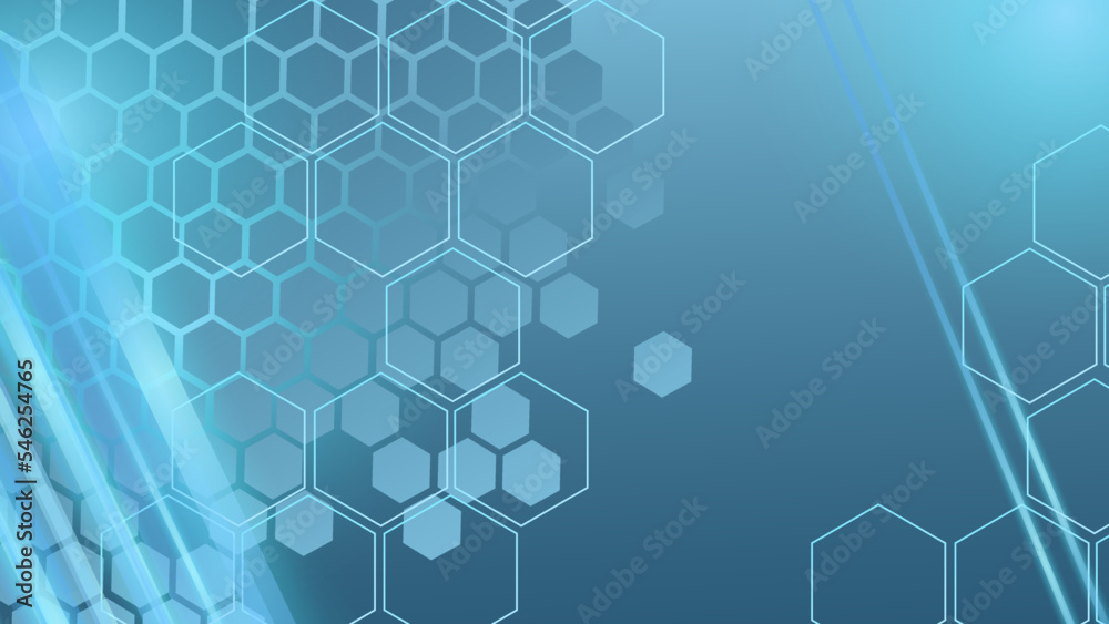Fototapeta premium Blue technology background with hexagon pattern and lights. Abstract hexagon background for medical, technology or science design. Vector illustration