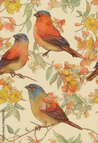 seamless  pattern with abstract birds, flowers, leaves and berries. Watercolor garden print, textile or wallpapers with abstract floral elements isolated on yellow background.