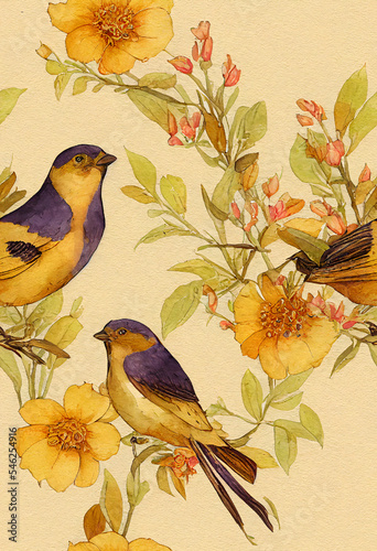 seamless  pattern with abstract birds, flowers, leaves and berries. Watercolor garden print, textile or wallpapers with abstract floral elements isolated on yellow background.