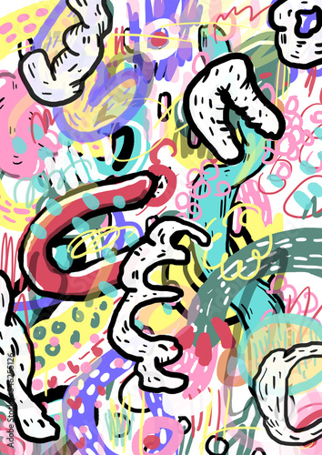 Abstract colorful illustration. Contemporary art. Doodle art. Digital graffiti. Cartoon. Soft, organic, carnal, food and viral forms. Chromosomes, viruses and bacteria. Street art aesthetic. Spray.