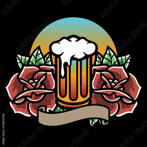 Traditional Tattoo With Beer and Roses Vector Illustration