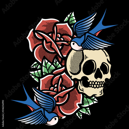 Traditional Tattoo With Skull And Roses Vector Illustration