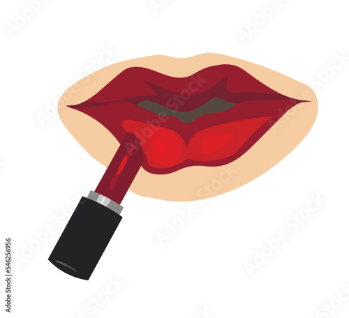 Applying red lipstick, beautiful lips on white background