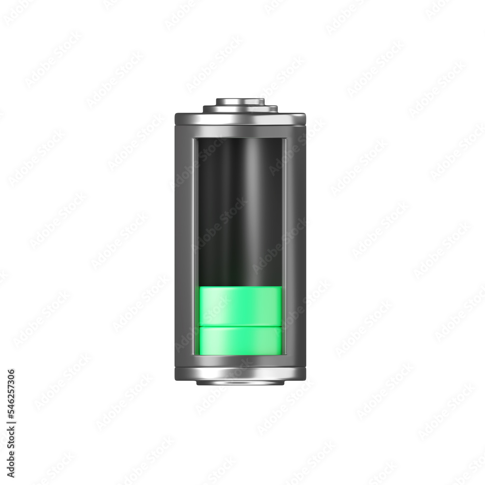 Battery 3d icon - medium level capacity, energy glass storage. Power charge indicator, lithium element render Battery 3d icon - medium level capacity, energy glass storage. Power charge indicator, lithium element render