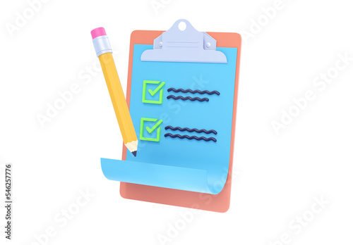 Checklist 3d render - paper list with questionnaire, contract clipboard and survey check form. Test note with pencil