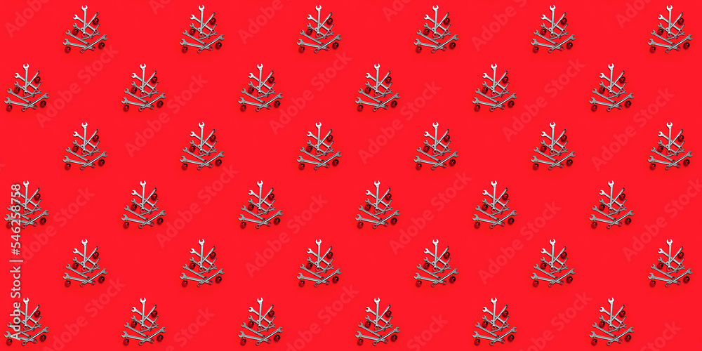 Seamless texture with Christmas trees made of wrenches decorated with balls on a red background. Happy New Year pattern. Banner with tools. Wallpaper. Industrial holiday concept. Calendar template Seamless texture with Christmas trees made of wrenches decorated with balls on a red background. Happy New Year pattern. Banner with tools. Wallpaper. Industrial holiday concept. Calendar template
