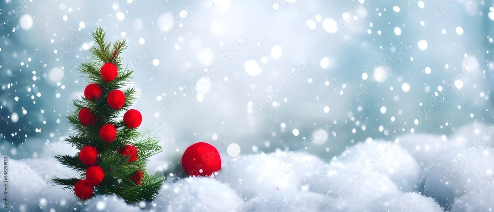 Beautiful Festive Christmas snowy background. Christmas tree decorated with red balls and knitted toys in forest in snowdrifts in snowfall outdoors, banner format, copy Beautiful Festive Christmas snowy background. Christmas tree decorated with red balls and knitted toys in forest in snowdrifts in snowfall outdoors, banner format, copy