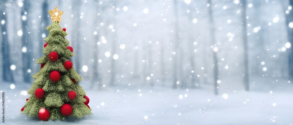Beautiful Festive Christmas snowy background. Christmas tree decorated with red balls and knitted toys in forest in snowdrifts in snowfall outdoors, banner format, copy