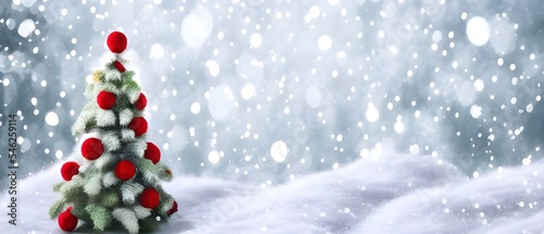 Beautiful Festive Christmas snowy background. Christmas tree decorated with red balls and knitted toys in forest in snowdrifts in snowfall outdoors, banner format, copy