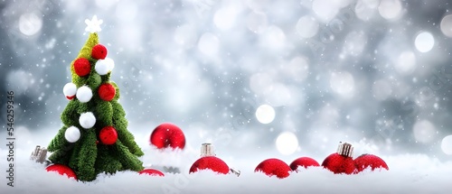 Beautiful Festive Christmas snowy background. Christmas tree decorated with red balls and knitted toys in forest in snowdrifts in snowfall outdoors  banner format  copy