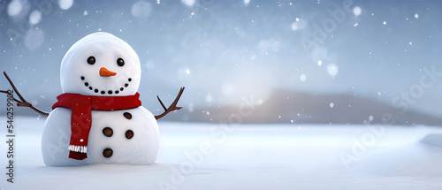Panoramic view of happy snowman in winter secenery with copy space © Markus
