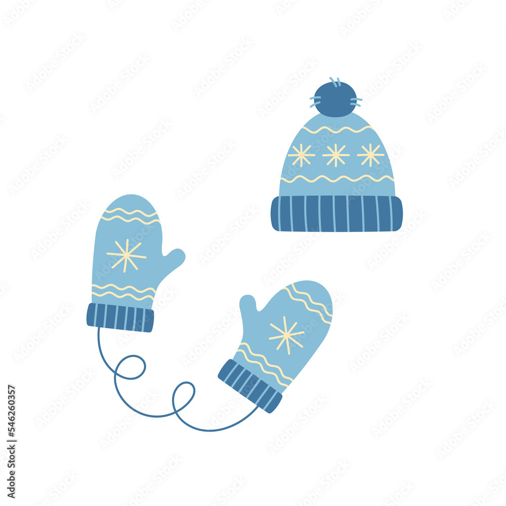 Blue winter hat and mittens. Knit wool beanie with pompom. Doodle style. 