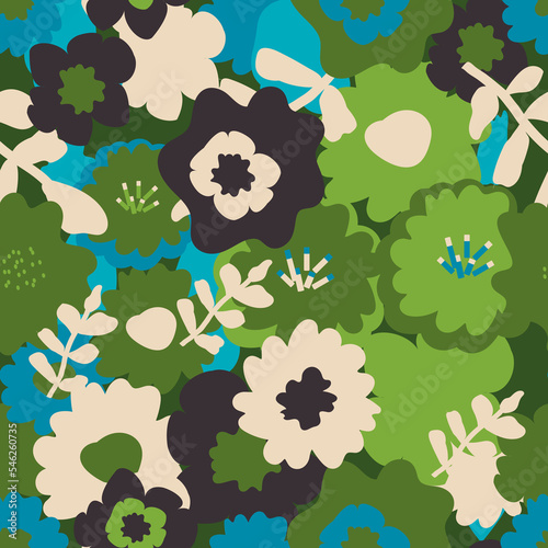 Seamless repeat pattern print background with bright-colored flowers