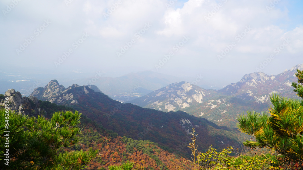 The peaks of Bukhansan Mountain in autumn, Wonhyo, Uisangbong, and Baegun.