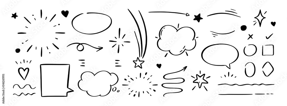 A set of elements of highlighting arrows underscores, speech bubble brush strokes, flash. Vector illustration A set of elements of highlighting arrows underscores, speech bubble brush strokes, flash. Vector illustration