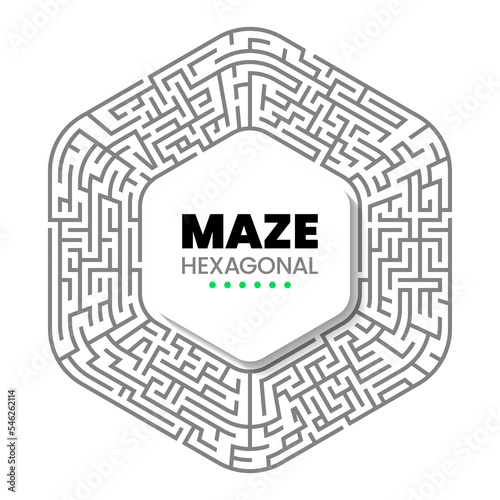 Hexagonal labyrinth with 6 escape exits and a button in the middle. Vector