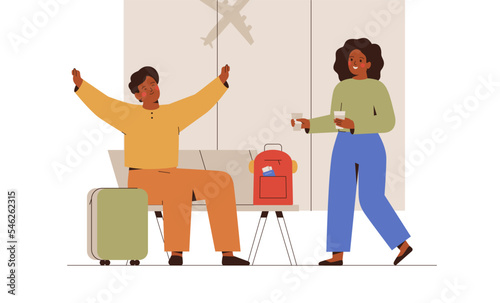 Young couple expect for departure in airport hall. Man and woman drink coffee and rest for waiting their airplane. Tourists going on vacation, journey or trip. Vector illustration