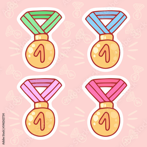Cute hand-drawn set of medals for winner in doodle cartoon style. Composition in neutral candy colors. Kawaii element for card, social media banner, sticker, kids playroom decor. Vector illustration