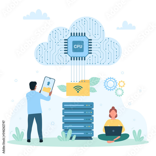 Cloud data storage vector illustration. Cartoon tiny people upload folder with files and documents to database server, download backup for system and organize archives using electronic device