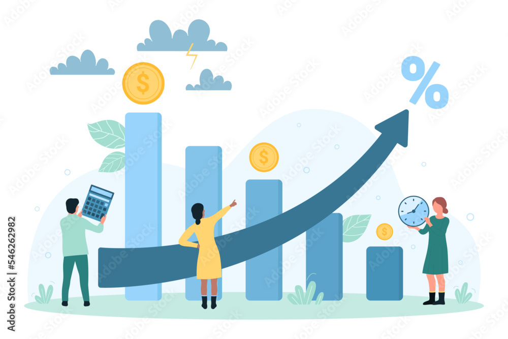 Impact of inflation on decline in income vector illustration. Cartoon tiny people look at percentage arrow increase and inflation growth, decrease in profit chart, unemployment and money loss Impact of inflation on decline in income vector illustration. Cartoon tiny people look at percentage arrow increase and inflation growth, decrease in profit chart, unemployment and money loss