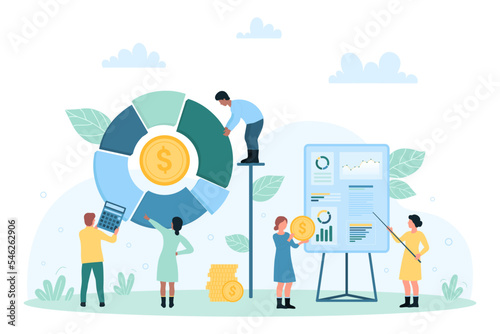 Business analytics, presentation of financial statistics vector illustration. Cartoon tiny people analyze pie chart and donut diagram on report board, analysts holding money coin and calculator