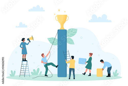 Business challenge, success progress in career vector illustration. Cartoon tiny people climb column with golden cup of champion at top, opportunity and ambition growth for team of office employees