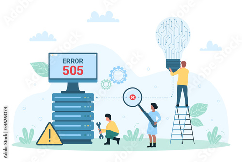 Server unavailable, hardware problem vector illustration. Cartoon tiny person holding magnifying glass to find connection error, dark light bulb connecting by broken wire to computer equipment