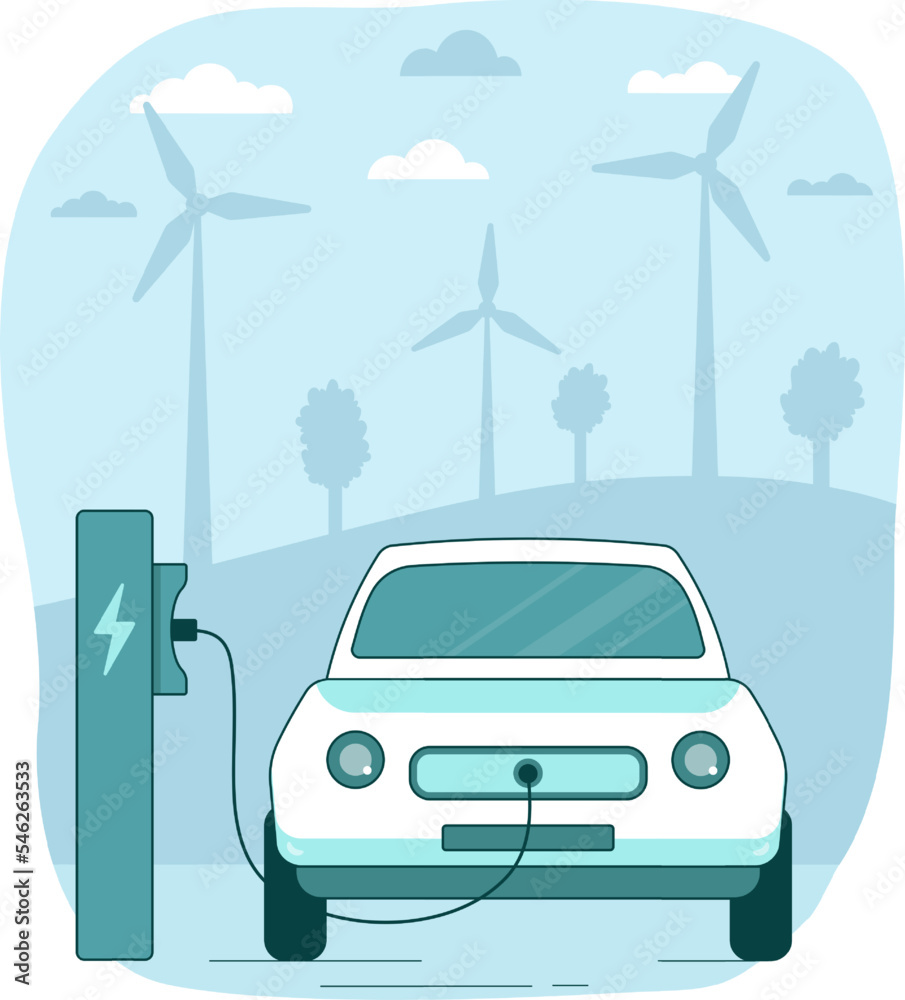 electric car charging, with wind turbines in the background