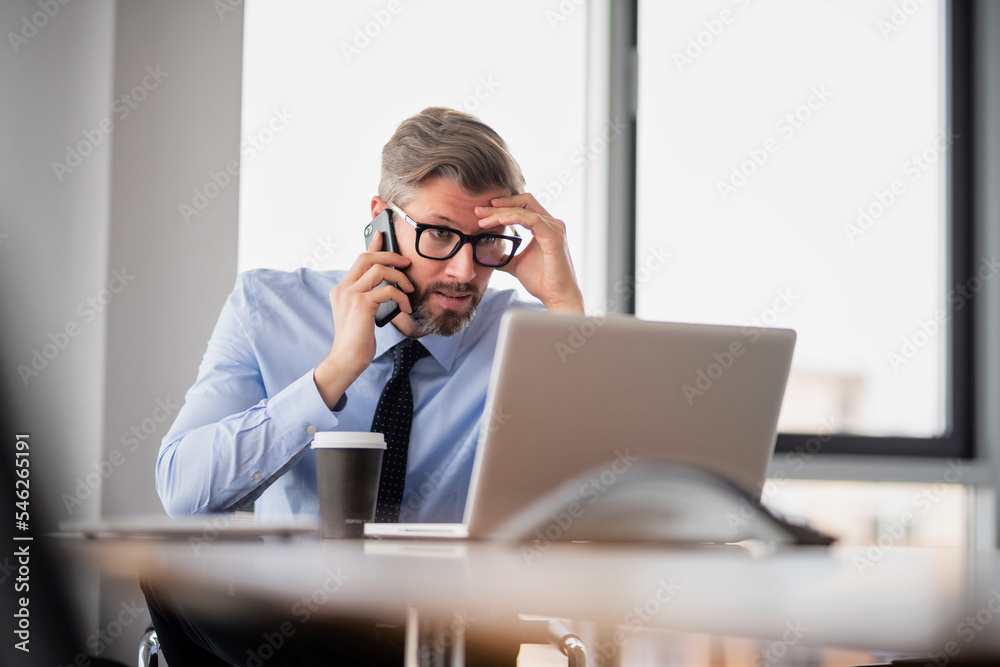 Confident businessman making a call while sitting at the office and using laptop Confident businessman making a call while sitting at the office and using laptop