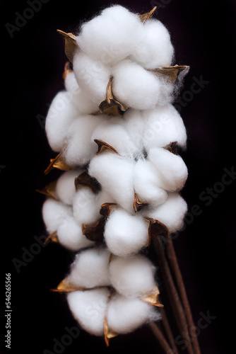 Branch with white fluffy cotton flowers on a black background, delicate white cotton flowers. Natural organic fiber, agriculture, cotton seeds, fabric raw material, selective focus
