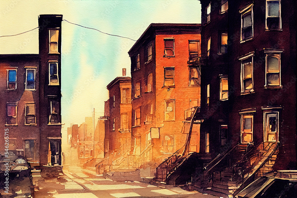 Concept watercolour art featuring the ghetto streets and buildings of