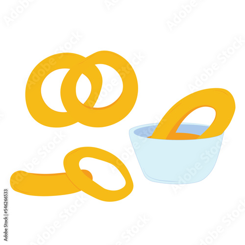 Fried onion rings vector stock illustration. Street food. Deep-fried vegetables. Isolated on a white background.