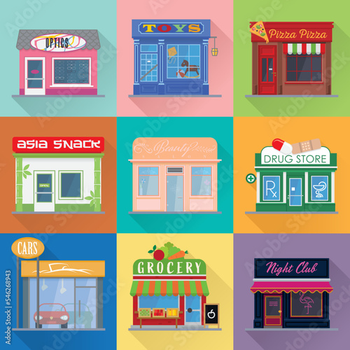 Fototapeta Naklejka Na Ścianę i Meble -  Second set of 9 flat design long shadow shops, stores and venues facades. Cute storefronts and colorful buildings like restaurants, dealerships and other facilities.