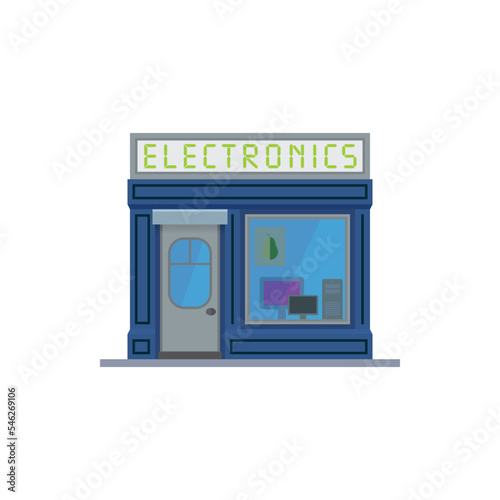 Flat design isolated electronics store. Cute computer shop building vector illustration