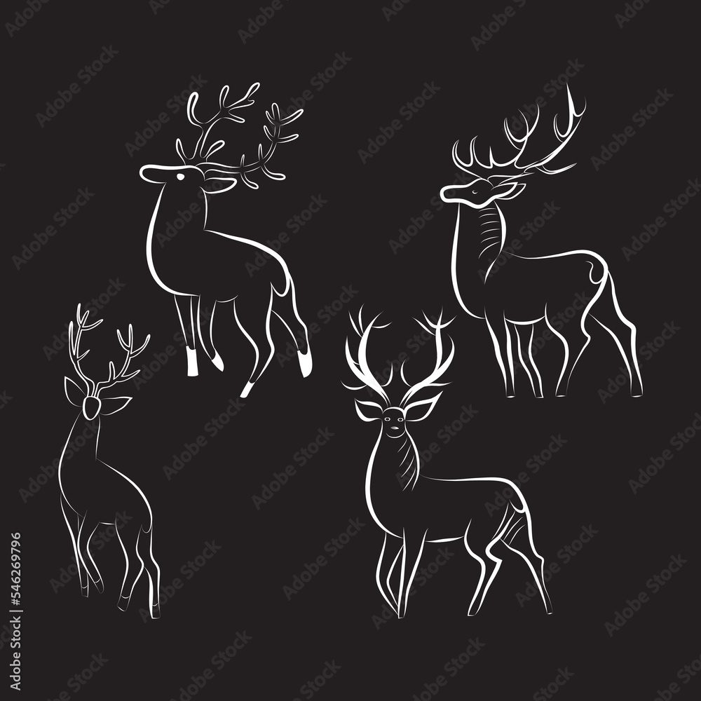 White silhouettes of red deer on black background